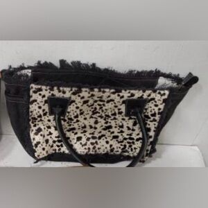 Myra Bag Black Canvas Tote w/White and Black Cowhide